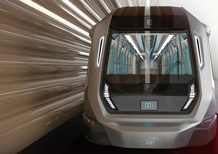 Современный поезд на линии MRT- системе подземных скоростных транзитных линий в Сингапуре